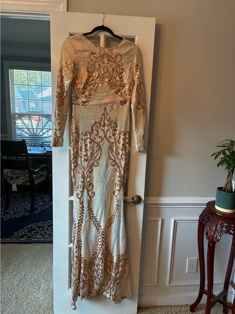 Gold Sequin Long Sleeve Evening Dress - Elegant Formal Gown